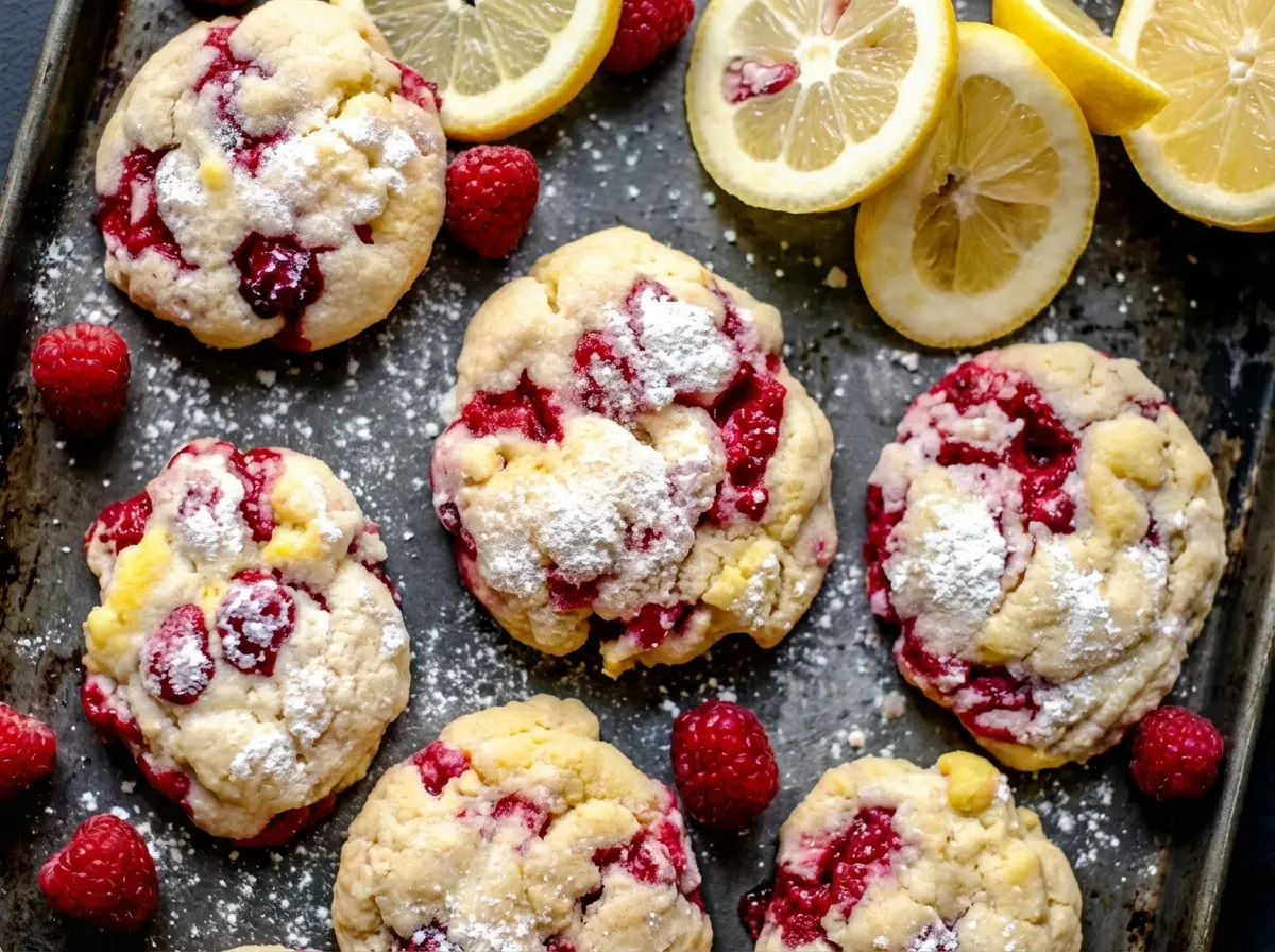Hero shot of three perfectly baked Lemon Raspberry Cookies, featuring bright red raspberries and yellow lemon zest, lightly dusted with powdered sugar, arranged on a minimalist white ceramic plate on a light marble countertop. Natural morning light creates soft shadows, with subtle fresh raspberries and lemon slices blurred in the background, a clean and tidy presentation. (4:3 ratio)