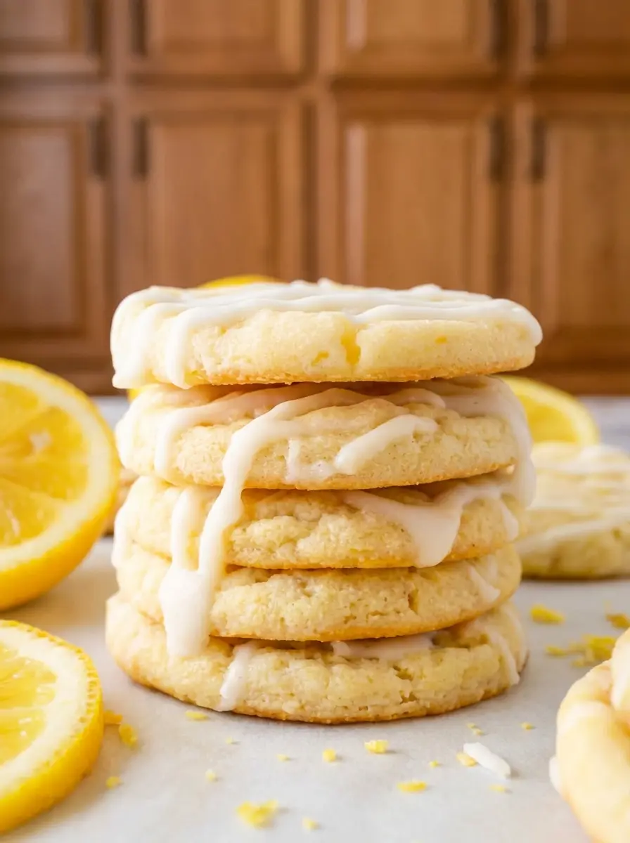 A close-up, dynamic shot of a stream of white opaque lemon glaze drizzling over a cooling, pale yellow Lemon Sugar Cookie on a wire rack set over a marble countertop, creating those distinct lines, under natural morning light. (3:4 ratio)