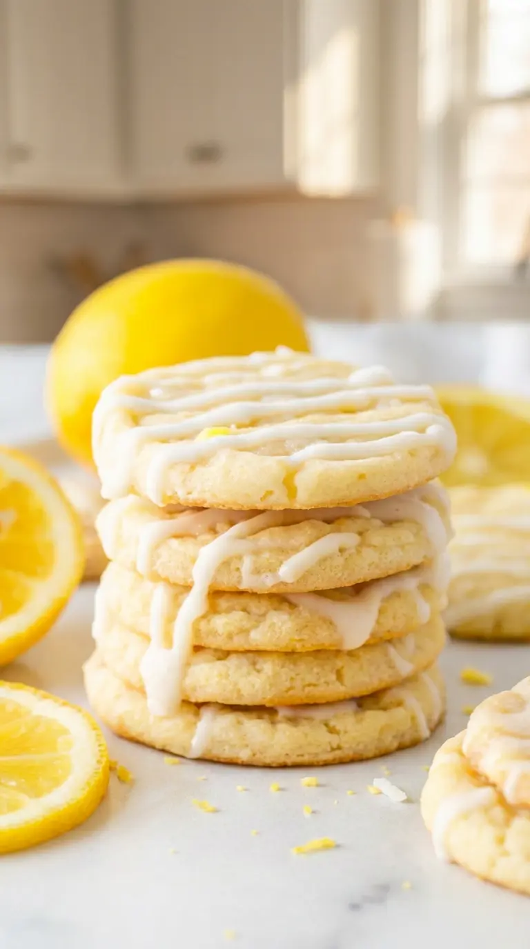 A single Lemon Sugar Cookie, broken in half to reveal its soft, chewy interior texture, with a bite taken out, resting on a small white plate next to a fresh lemon wedge, all on a light marble surface with subtle warm tones. The white glaze is clearly visible, illuminated by natural morning light. (3:4 ratio)