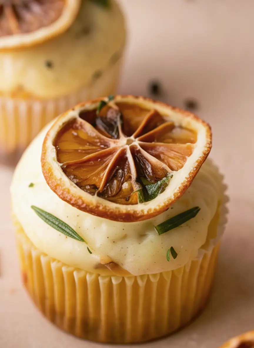 A close-up overhead shot of the fresh ingredients for Lemon Thyme and Rosemary Cupcakes: bright yellow lemons, fresh rosemary sprigs, and bundles of fresh thyme artfully arranged on a wooden cutting board on a marble countertop. Natural morning light creates soft shadows. (3:4 ratio)