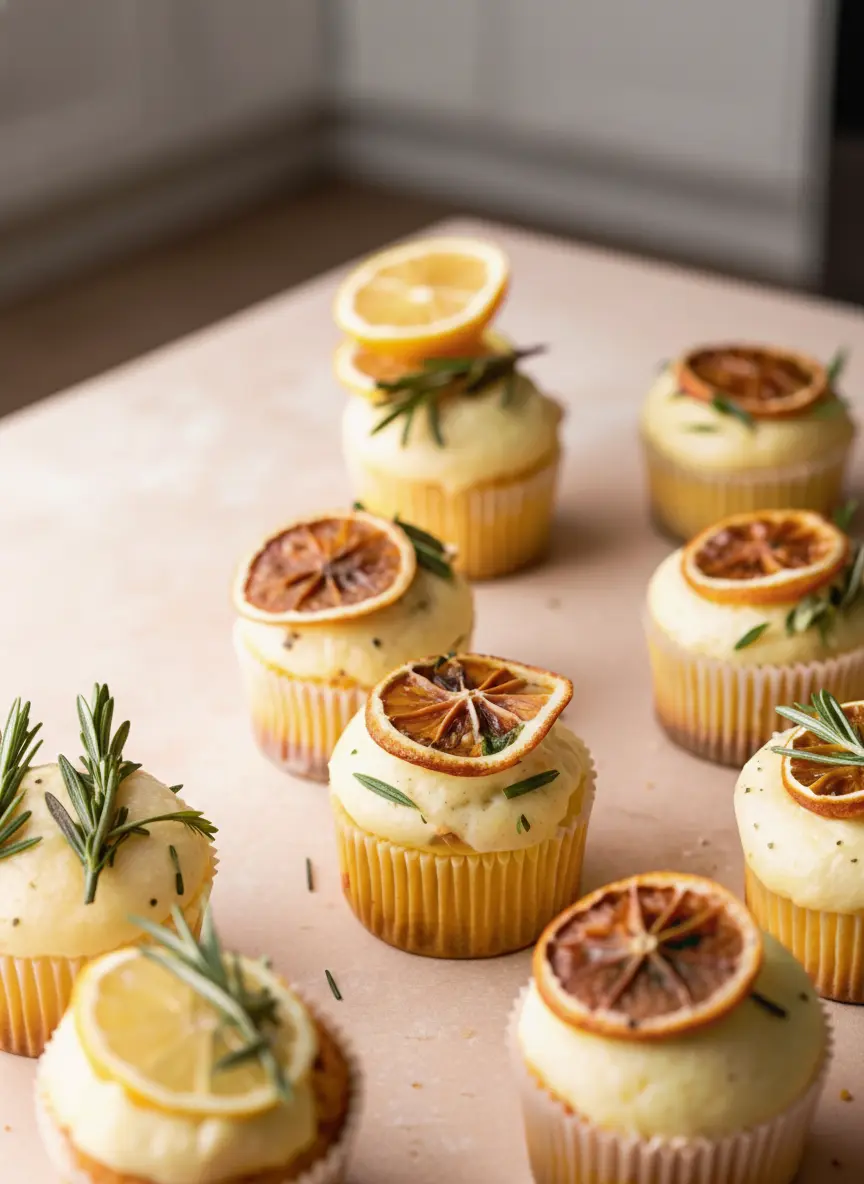 A process shot showing the pale yellow cupcake batter for Lemon Thyme and Rosemary Cupcakes, speckled with finely chopped fresh rosemary and thyme, being gently folded in a white ceramic bowl. The scene is set on a marble countertop with natural light and soft shadows, with a whisk resting beside the bowl. (3:4 ratio)