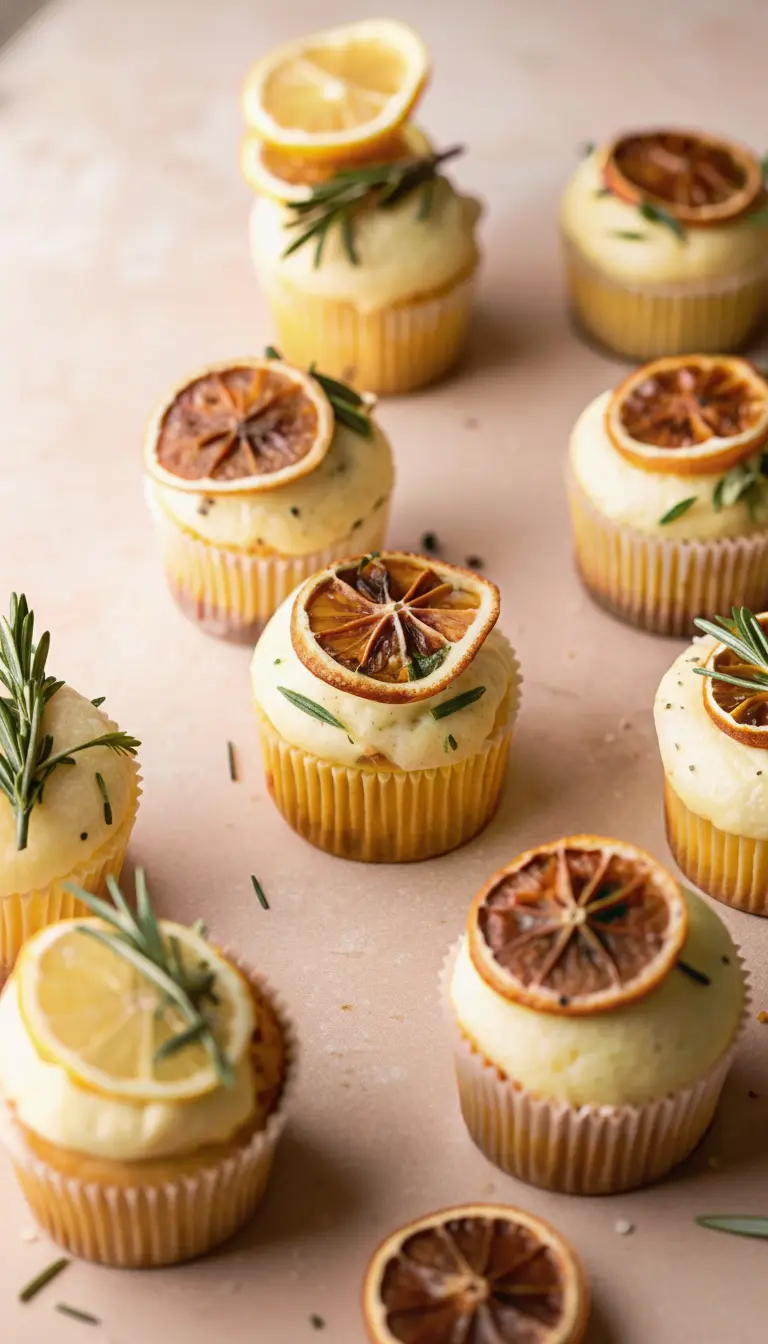 A beautiful display of a single Lemon Thyme and Rosemary Cupcake, showcasing its light, fluffy texture and the delicate pale yellow frosting, topped with a dried citrus slice, a sprig of fresh rosemary, and tiny fresh thyme leaves. The cupcake sits on a minimalist white plate on a marble countertop, bathed in natural light, creating warm tones. (3:4 ratio)