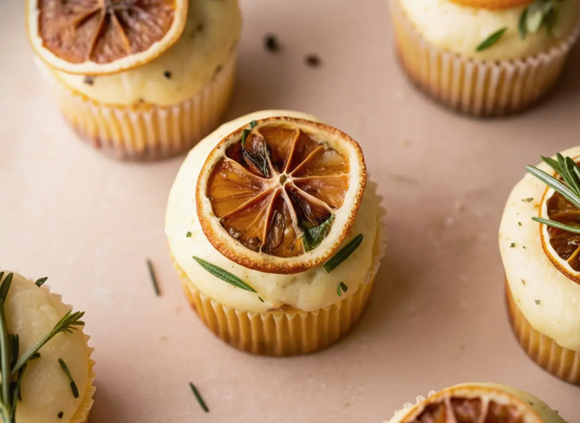 Hero shot of several beautifully frosted Lemon Thyme and Rosemary Cupcakes with pale yellow buttercream, each adorned with a dried citrus slice (like a dried orange or lemon), a small sprig of fresh rosemary, and scattered fresh thyme leaves. They are arranged on a clean marble countertop with soft natural morning light from an east window, casting gentle shadows. A wooden cutting board is subtly visible in the background, with fresh herbs nearby. The presentation is clean and tidy with warm tones. (4:3 ratio)