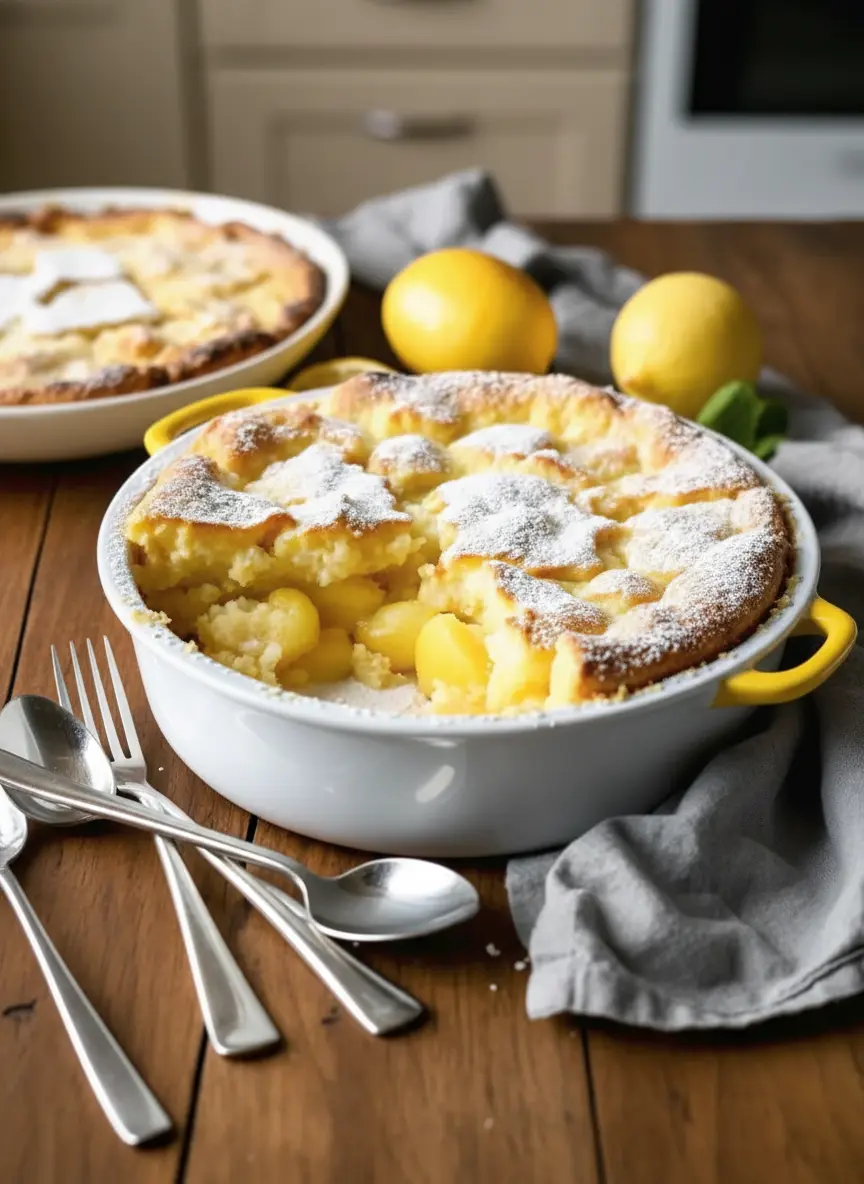 A close-up shot of the crumbly, cake-like batter for Magic Lemon Cobbler being gently spooned over the lemon juice and melted butter layer in a white oval ceramic baking dish, before baking. The textures of the batter are visible. Background is a soft blur of a white marble countertop. Natural morning light, soft shadows. No hands or people. (3:4 ratio)