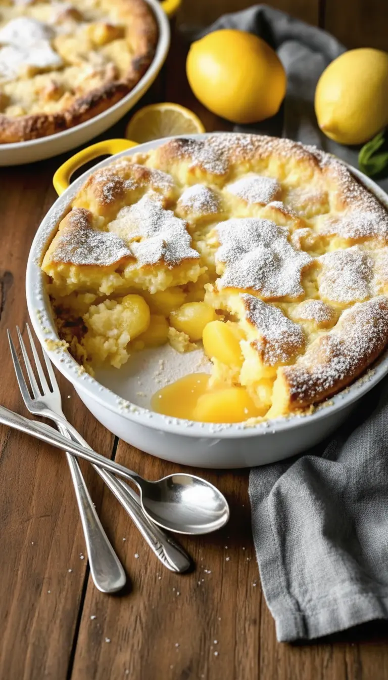 A single serving of warm Magic Lemon Cobbler in a small, minimalist white ceramic bowl, showcasing the distinct layers of gooey lemon custard and the golden, powdered-sugar-dusted topping. A silver spoon rests beside the bowl on a white marble countertop, with a subtle wood accent. Natural morning light, soft shadows. No hands or people. (3:4 ratio)
