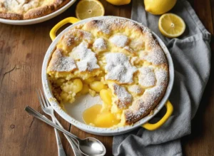 A close-up, slightly overhead shot of a golden-brown Magic Lemon Cobbler in a white oval ceramic baking dish, a section scooped out to reveal the bright yellow, gooey lemon custard. The top is lightly dusted with powdered sugar. Background features out-of-focus fresh lemons and a hint of a wooden cutting board on a white marble countertop. Natural morning light, soft shadows, warm tones. No hands or people. (4:3 ratio)