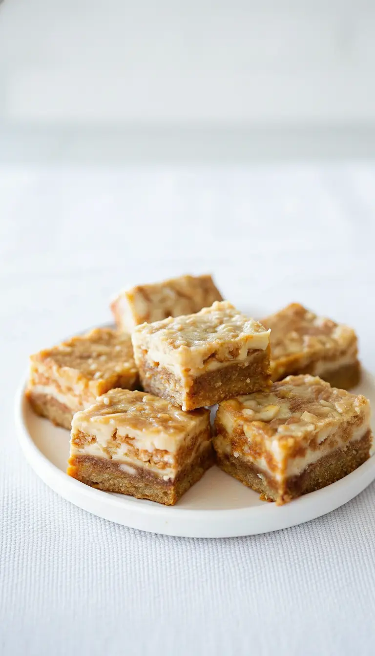 A 3:4 close-up detail shot of a single bar on a small white plate, bitten into or cut with a fork to reveal the dense, moist interior texture. The cross-section shows the layers of spice cake and cheesecake swirl. Soft shadows fall across the marble surface, creating a warm, inviting, lived-in atmosphere.