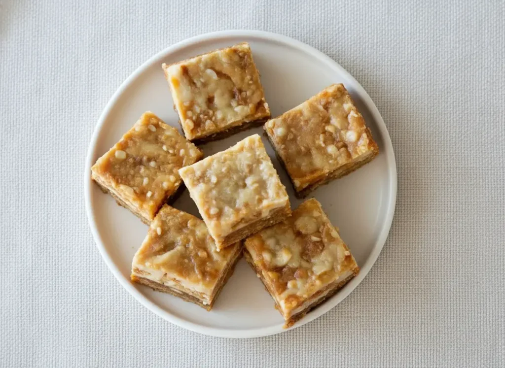 A high-angle 4:3 hero shot of a stack of three Carrot Cake Bars on a minimalist white ceramic plate. The bars are square, dense, and moist, featuring a distinct marble swirl of orange-brown spice cake and white cream cheese on top. The setting is a bright kitchen with a marble countertop, soft morning light coming from the left, and a wooden cutting board in the background with fresh mint leaves nearby to add a pop of green. The lighting is soft and natural, emphasizing the texture of the crumb.