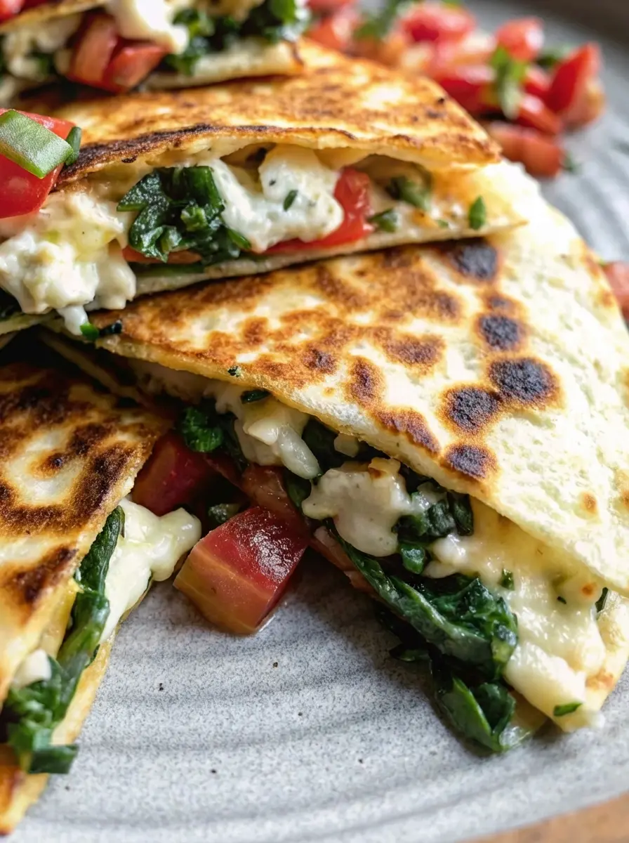 A clean marble countertop with various fresh ingredients for Mediterranean Quesadillas with Spinach: a bowl of vibrant green fresh spinach, a block of creamy feta cheese, shredded mozzarella, a whole red onion, ripe red tomatoes, a head of garlic, and a bottle of olive oil. The ingredients are artfully arranged near a wooden cutting board, bathed in natural morning light from an east window, with soft shadows and warm tones. Fresh herbs are subtly in the background. No hands or people.