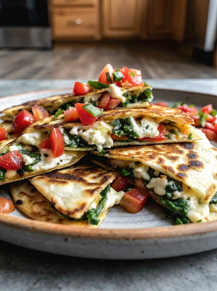 A close-up shot of a Mediterranean Quesadilla with Spinach cooking in a well-seasoned cast-iron skillet on a stovetop, capturing the moment the tortilla turns golden brown and the cheese inside begins to melt and bubble. The edges are crisping beautifully. The filling, a mix of green spinach and white cheese, is peeking out slightly. Natural morning light illuminates the scene, creating warm tones and soft shadows. Marble countertop and wood accents are visible. No hands or people.