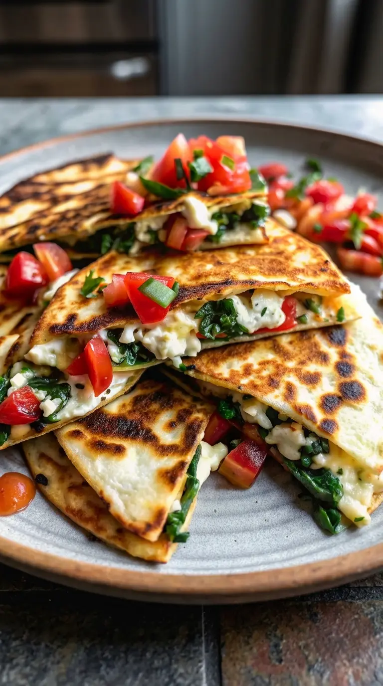 A close-up, artful shot of a single Mediterranean Quesadilla with Spinach triangle, revealing the gooey, melted mozzarella and feta mixed with green spinach inside. The golden-brown tortilla shows crispy, textured spots. It's resting on a minimalist white ceramic plate, garnished with a spoonful of fresh, vibrant red tomato and finely chopped green onion topping. The plate is on a marble countertop with soft natural morning light and subtle fresh herbs in the background. No hands or people.