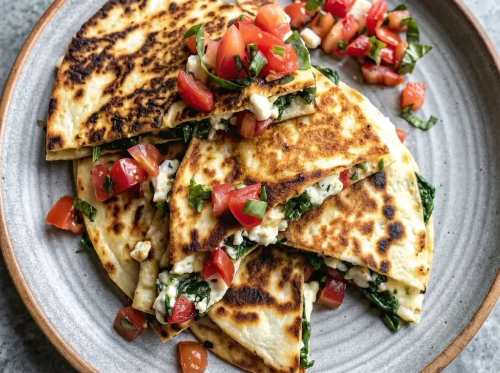 A stack of perfectly golden-brown Mediterranean Quesadillas with Spinach, feta, and mozzarella, cut into triangles, overflowing with creamy white cheese and green spinach. The quesadillas are generously topped with vibrant diced red tomatoes, finely chopped green onions, and small crumbles of white feta. They are arranged on a minimalist white ceramic plate, placed on a marble countertop with wood accents. Natural morning light from an east window casts soft shadows. Fresh green herbs are visible in the soft-focus background, alongside the same wooden cutting board. Warm tones, clean and tidy presentation. No hands or people.