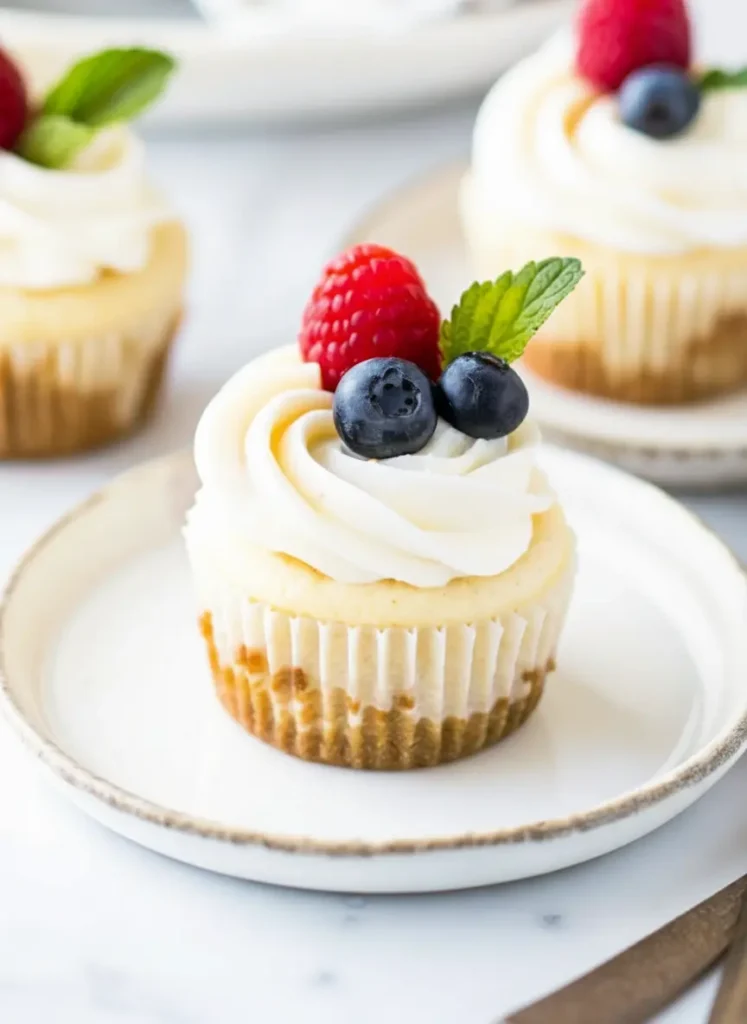 Mini Cheesecake Cups Ingredients arranged on a cool marble countertop: a block of cream cheese, two brown eggs, a bowl of graham cracker crumbs, and a stick of butter. Fresh mint sprigs are scattered nearby. The lighting is bright and airy, capturing the 'Taste Charm' clean aesthetic.