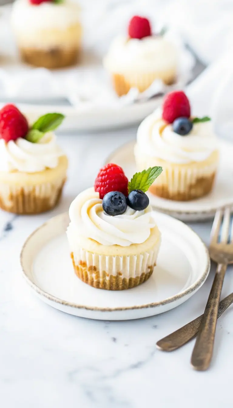A lifestyle shot of a Mini Cheesecake Cup with a bite taken out of it, revealing the dense, smooth texture of the filling and the crumbly crust. The fork rests on the white plate with some crumbs. The lighting mimics natural window light, highlighting the moisture in the cheesecake.