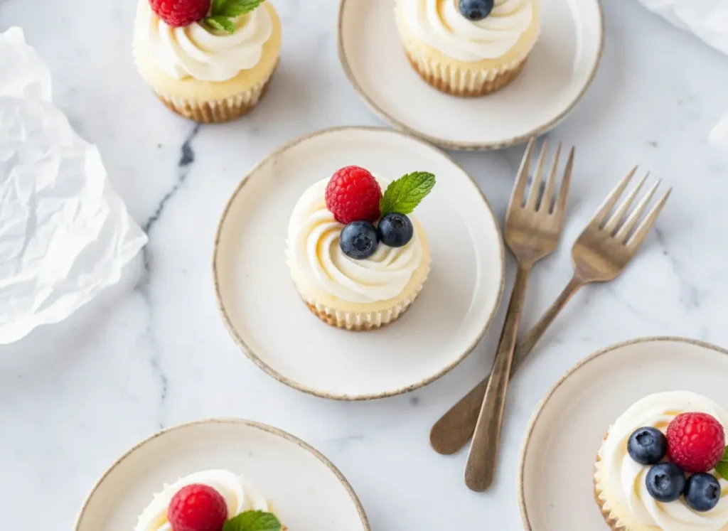 A hero shot of a single Mini Cheesecake Cup on a minimalist white ceramic plate. The cheesecake has a golden graham cracker crust bottom, a creamy pale yellow filling, and is topped with a generous swirl of white whipped cream. A fresh red raspberry, a blue blueberry, and a vibrant green mint leaf sit on the cream. Beside the plate is a vintage silver fork. The setting is a marble countertop with soft natural morning light coming from the right, casting gentle shadows. In the blurred background, a wooden cutting board and more cheesecakes create a cozy kitchen atmosphere.