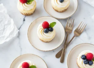 A hero shot of a single Mini Cheesecake Cup on a minimalist white ceramic plate. The cheesecake has a golden graham cracker crust bottom, a creamy pale yellow filling, and is topped with a generous swirl of white whipped cream. A fresh red raspberry, a blue blueberry, and a vibrant green mint leaf sit on the cream. Beside the plate is a vintage silver fork. The setting is a marble countertop with soft natural morning light coming from the right, casting gentle shadows. In the blurred background, a wooden cutting board and more cheesecakes create a cozy kitchen atmosphere.
