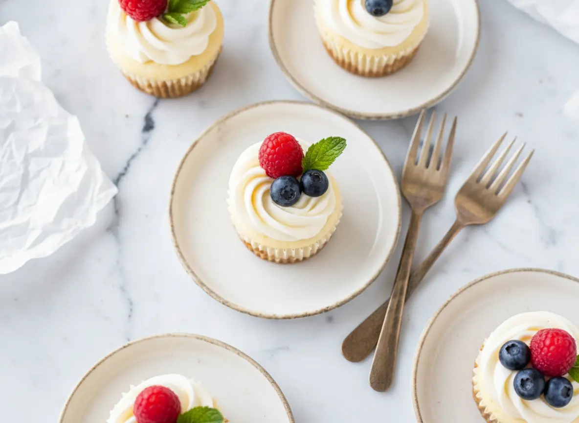 A hero shot of a single Mini Cheesecake Cup on a minimalist white ceramic plate. The cheesecake has a golden graham cracker crust bottom, a creamy pale yellow filling, and is topped with a generous swirl of white whipped cream. A fresh red raspberry, a blue blueberry, and a vibrant green mint leaf sit on the cream. Beside the plate is a vintage silver fork. The setting is a marble countertop with soft natural morning light coming from the right, casting gentle shadows. In the blurred background, a wooden cutting board and more cheesecakes create a cozy kitchen atmosphere.