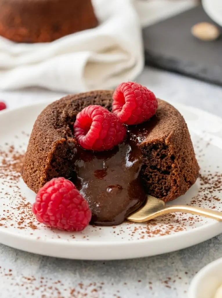 Molten Lava Cake Recipe Ingredients prep shot on a white marble countertop with wood accents. Chopped chunks of dark chocolate and cubes of butter in a ceramic bowl, alongside fresh eggs in a carton and a pile of raspberries. Natural lighting, 3:4 aspect ratio.