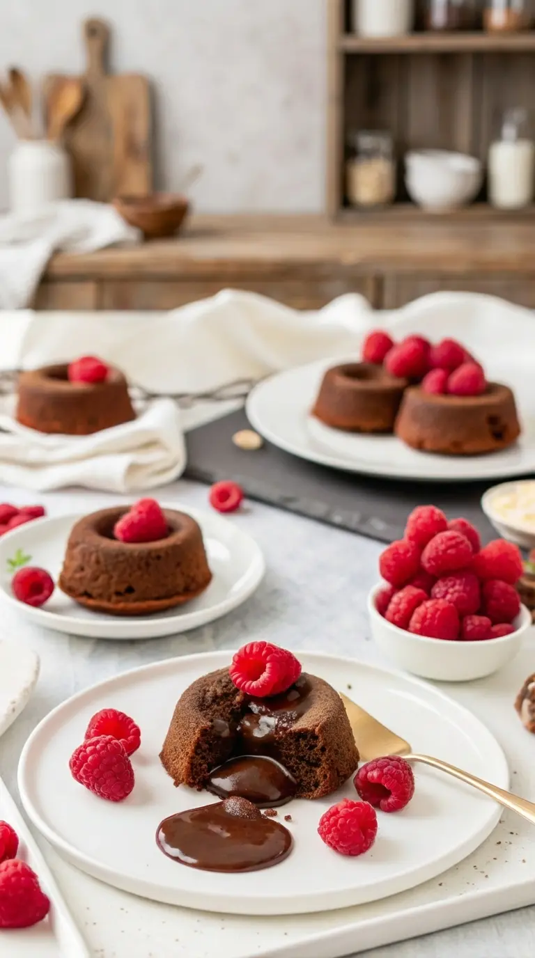 Texture focus shot of the final cake. Extreme close-up of the molten center flowing out, capturing the contrast between the spongey cake crumb and the smooth liquid chocolate. A raspberry is in the foreground. 3:4 aspect ratio.
