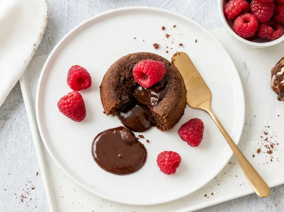 A high-angle, close-up hero shot of a single Molten Lava Cake on a minimalist white ceramic plate. The cake has a dark, rich brown crust. A bronze-gold spoon has just taken a scoop, revealing a thick, glossy pool of liquid chocolate oozing out onto the white plate. Three fresh, bright red raspberries sit on top of the cake and beside it. To the left, a white napkin with small gold confetti dots. Soft, natural morning light from the east creates gentle shadows on a white marble surface. 4:3 aspect ratio.