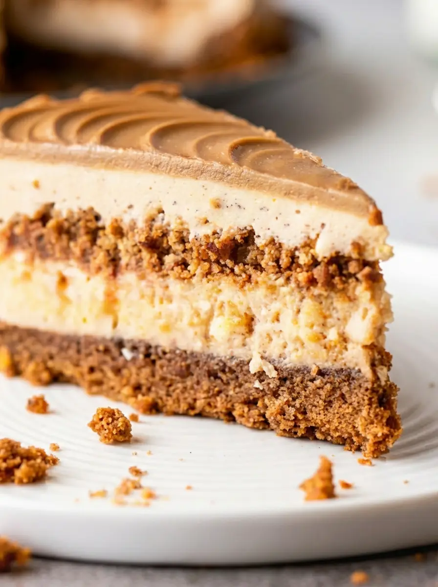 A flat lay of ingredients for No Bake Biscoff Cheesecake: Biscoff cookies, blocks of cream cheese, butter, heavy cream, and a jar of Biscoff spread, neatly arranged on a wooden cutting board on a marble countertop. Fresh herbs are visible in a ceramic bowl in the background. Natural morning light, soft shadows, warm tones, clean and tidy. No hands or people.