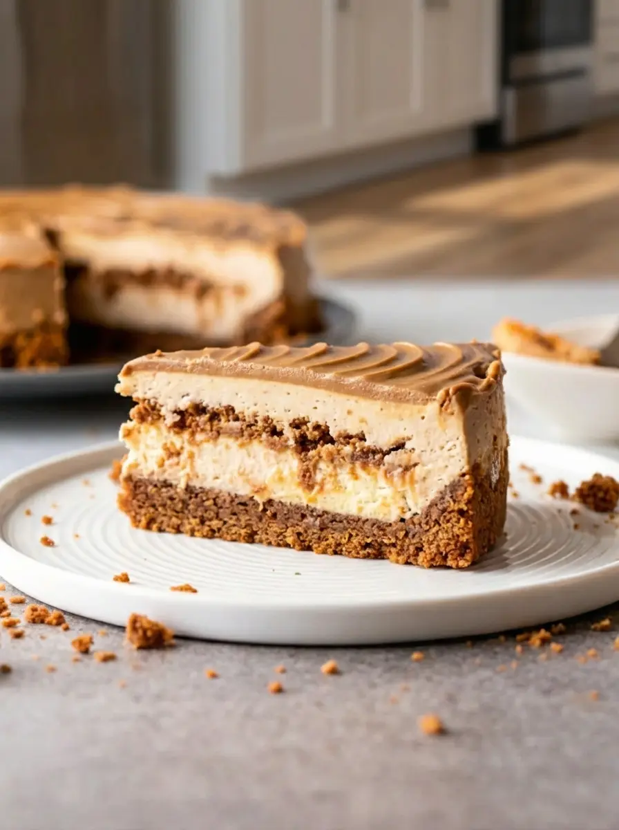 A close-up shot of the No Bake Biscoff Cheesecake being assembled: a springform pan with a dark brown Biscoff cookie crust pressed firmly at the bottom, and the creamy white Biscoff-infused filling being smoothly spread over it with an offset spatula. The scene is on a marble countertop with wood accents. Natural morning light, soft shadows, warm tones, clean and tidy. No hands or people.
