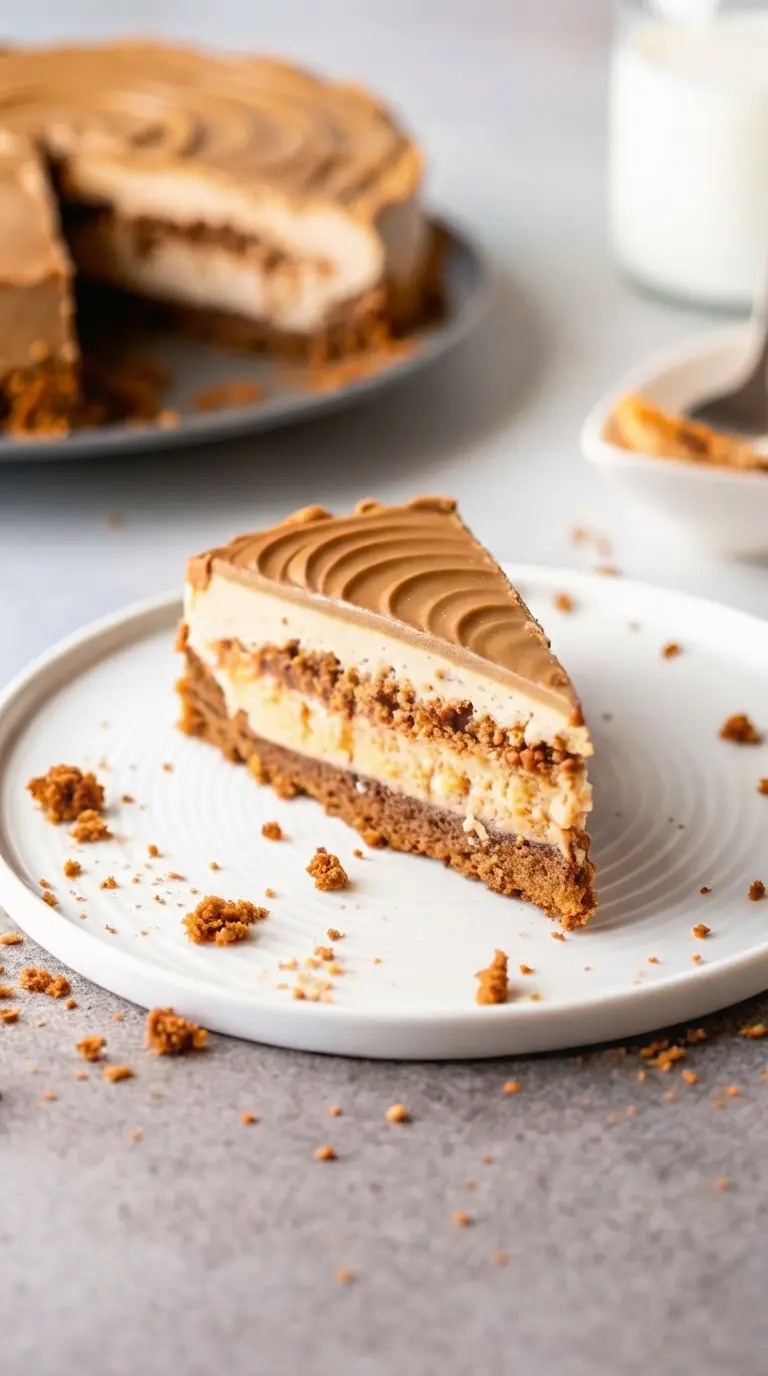 A vibrant close-up of a slice of No Bake Biscoff Cheesecake showing the intricate layers: the dark brown crunchy Biscoff crust, the thick creamy white cheesecake filling, and the smooth light brown Biscoff topping with its signature piped swirls. The slice is on a minimalist white plate, surrounded by golden Biscoff crumbs, emphasizing the texture and deliciousness. Photographed on a marble countertop with natural morning light, soft shadows, warm tones, clean and tidy. No hands or people.
