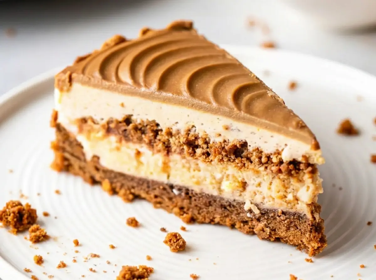 A perfectly sliced wedge of No Bake Biscoff Cheesecake on a minimalist white plate, with a whole cheesecake blurred in the background, showcasing distinct layers of a dark brown cookie crust, creamy white filling, and a smooth light brown Biscoff topping with elegant piped swirls. Scattered Biscoff crumbs adorn the plate and marble countertop. Shot with natural morning light from an east window, soft shadows, warm tones, and a clean, tidy presentation. No hands or people.