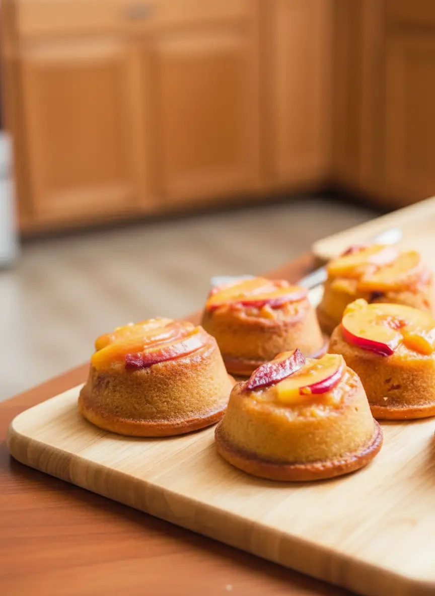 A process shot showing a standard 12-cup muffin tin with caramelized peach slices already placed at the bottom of several cups. A bowl of golden cake batter and a whisk are next to the tin on the marble countertop. The wooden cutting board is subtly present. Soft shadows, warm tones, natural light. (3:4 ratio)