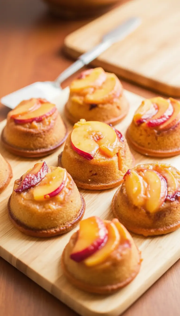Three golden brown Peach Upside Down Mini Cakes, freshly inverted from the pan, displayed on the wooden cutting board on a marble countertop. One cake is slightly tilted to reveal the moist, tender crumb, and the glossy, reddish-hued caramelized peaches are prominent. A small sprig of fresh mint or thyme lies nearby. Natural morning light, soft shadows, warm tones. (3:4 ratio)