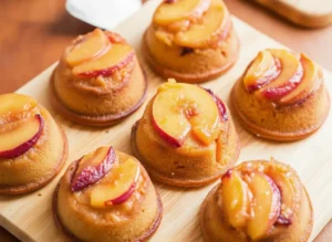 A close-up, warm-toned, natural morning light shot of several golden brown Peach Upside Down Mini Cakes arranged on a rustic wooden cutting board on a marble countertop. Each mini cake features glistening, caramelized peach slices with subtle reddish-pink hues on top, showcasing a slightly domed cake base. Soft shadows, clean and tidy presentation, with a hint of fresh herbs in the blurred background. (4:3 ratio)