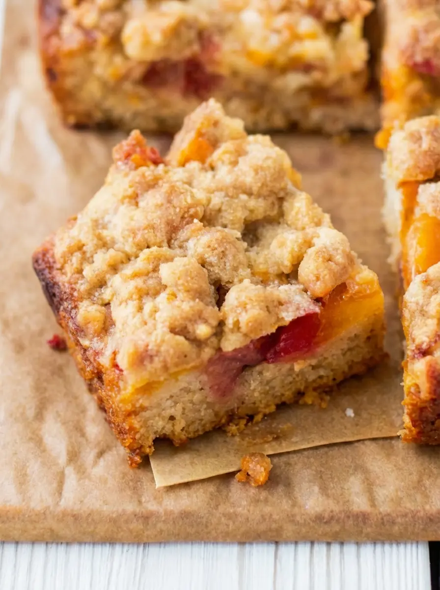 An artistic arrangement of fresh ingredients for Peaches and Cream Crumble Bars on a marble countertop. Diced ripe peaches are in a ceramic bowl, alongside a block of cold butter, a bag of flour, a small bowl of granulated sugar, and a tub of cream cheese. Fresh herbs (subtle, in a small vase) are visible in the soft background. The scene is bathed in natural morning light, creating soft shadows and warm tones. The overall presentation is clean and tidy. No hands or people.