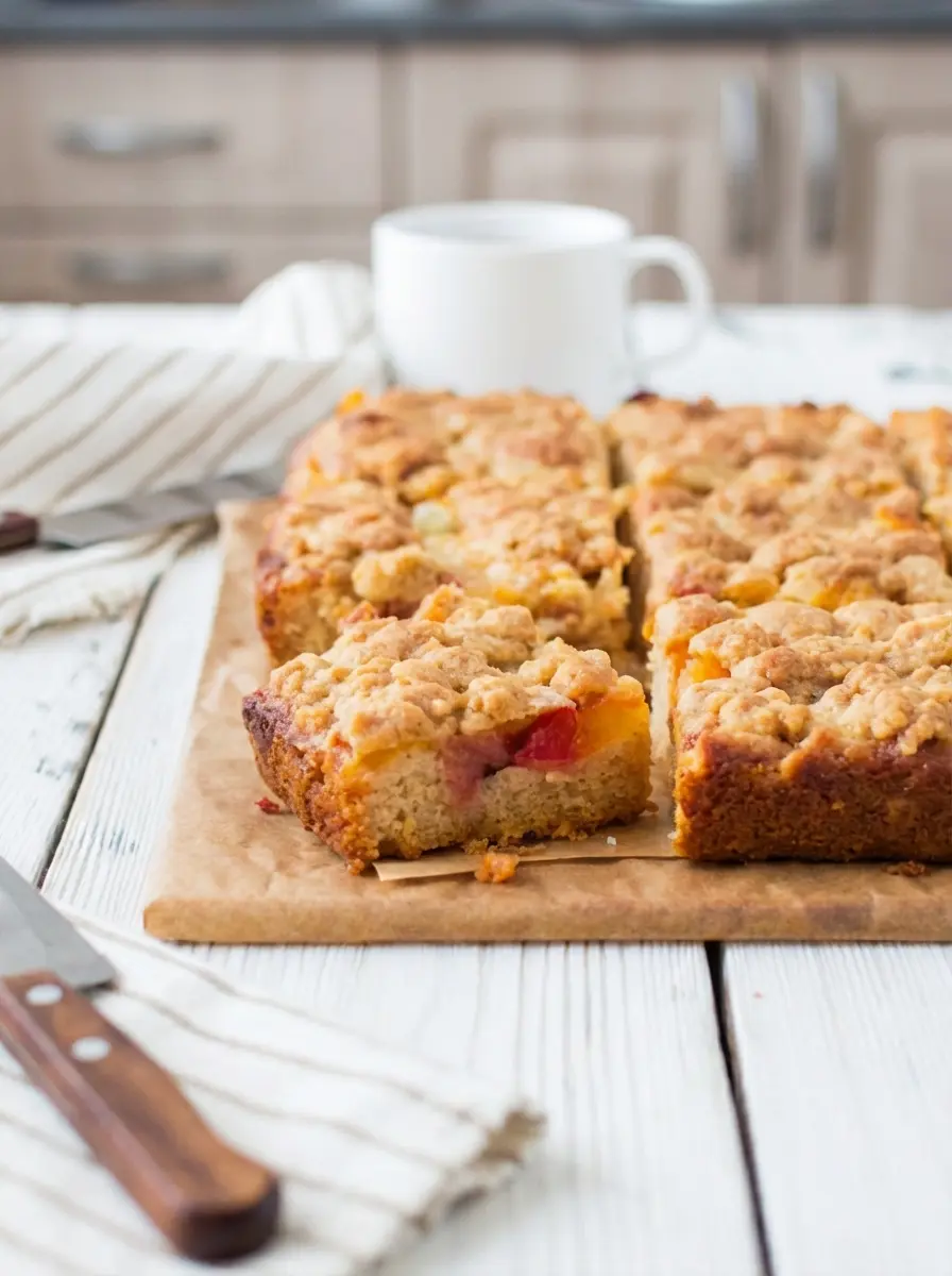 A mid-process shot of Peaches and Cream Crumble Bars. A partially baked shortbread crust is visible in a 9x13-inch baking pan, with the creamy white cream cheese layer spread evenly over it. Diced peaches, lightly tossed with cinnamon and sugar, are being gently arranged over the cream cheese layer. The pan is on the same wooden cutting board on a marble countertop, with natural morning light. The scene is clean and tidy. No hands or people.