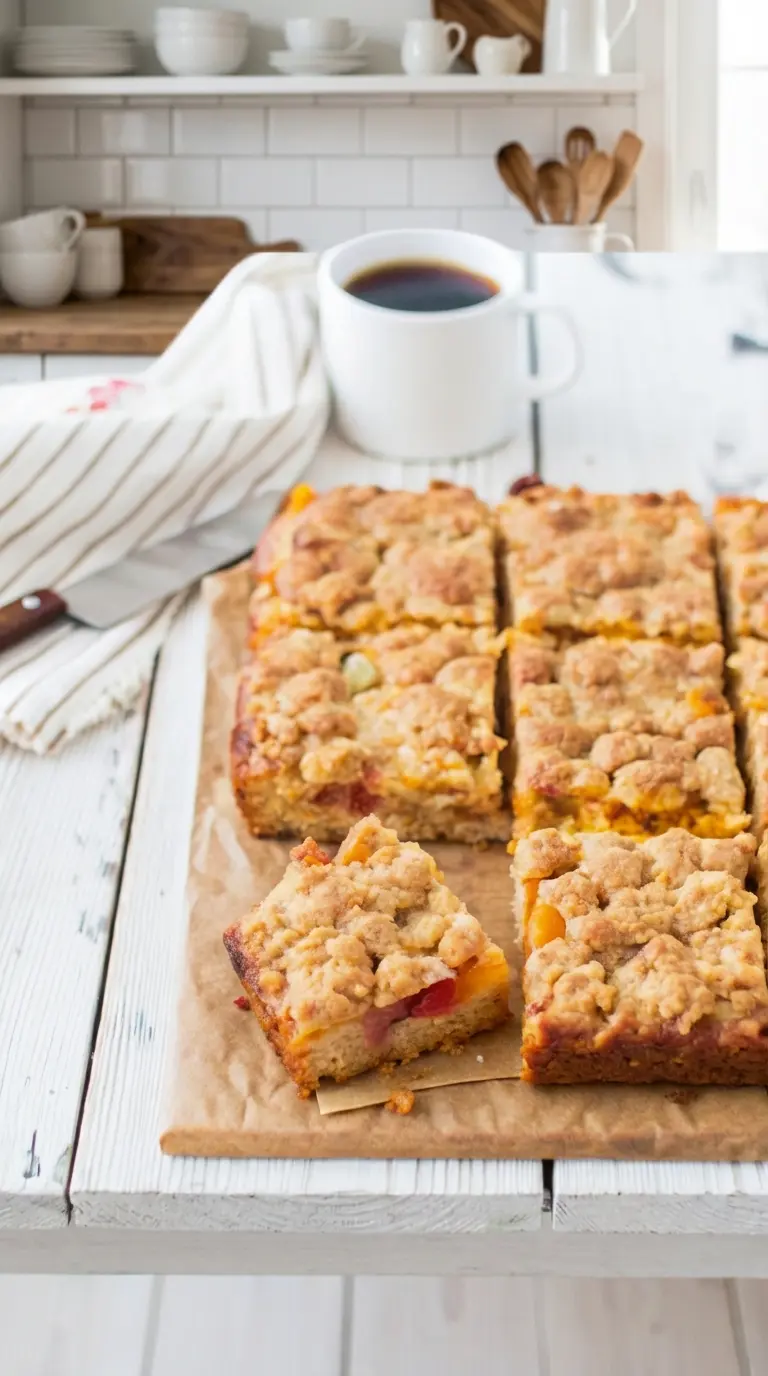 A close-up, angled shot of a single Peaches and Cream Crumble Bar, sitting on a minimalist white ceramic plate. The golden-brown streusel topping, soft baked peach chunks, and creamy white layer are clearly visible, showcasing the delicious textures. A few stray crumbs are charmingly scattered around the bar. The background is softly blurred, showing glimpses of the marble countertop and warm tones from natural light. No hands or people.