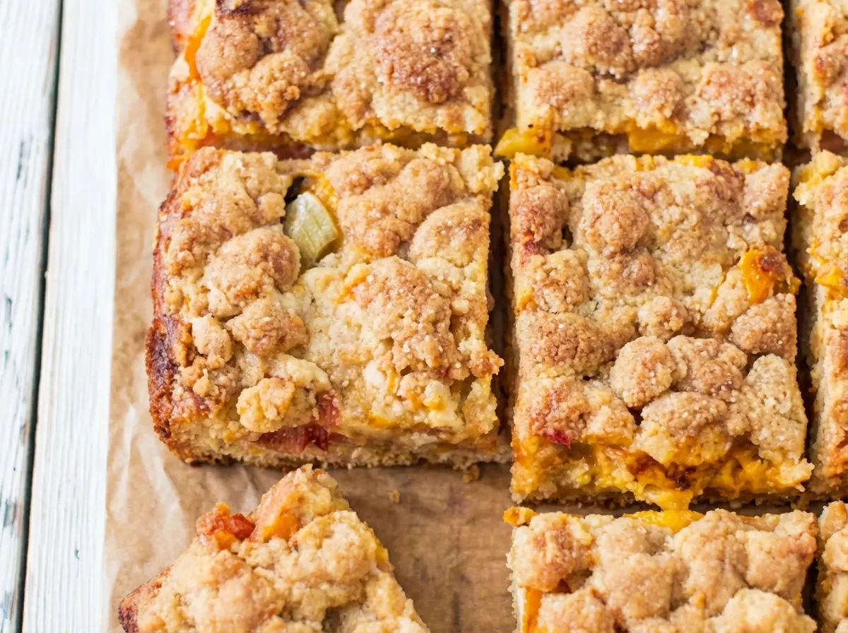 A stunning hero shot of perfectly golden-brown Peaches and Cream Crumble Bars, cut into neat squares and arranged on a light wooden cutting board. One bar is slightly pulled forward, revealing the juicy peach filling and creamy layer. In the soft-focus background, a rustic blue enamel mug of dark coffee and a simple linen napkin are visible on a distressed white wooden table. Natural morning light from an east window casts soft shadows. The overall feel is warm, inviting, clean, and tidy, consistent with the Kitchen's Visual Identity. No hands or people.