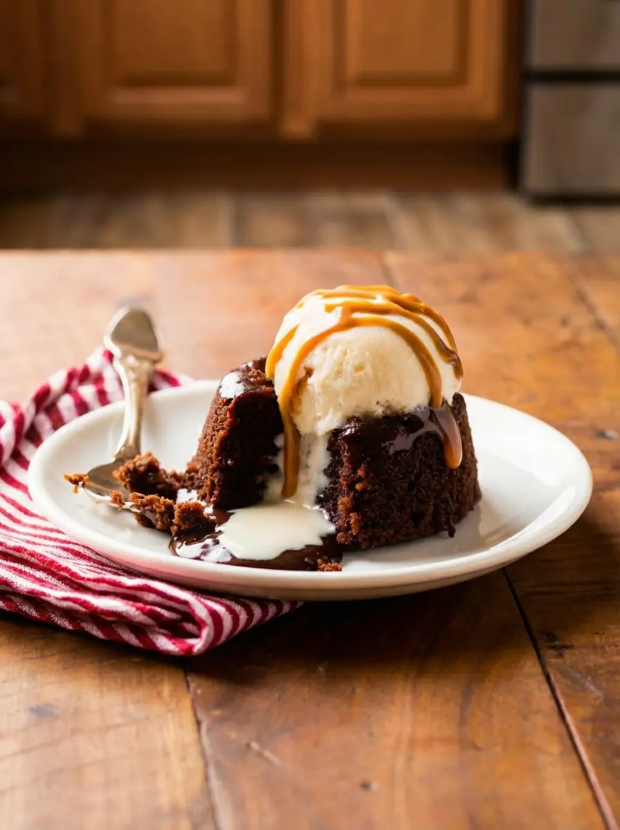 Four white ramekins filled with the dark chocolate lava cake batter, with a dollop of creamy peanut butter visible in the center of each, on a wooden cutting board. One ramekin is partially covered with the remaining batter. The scene is on marble countertops, bathed in natural morning light, with blurred fresh herbs in the background, showing a clean and tidy kitchen. (3:4 aspect ratio)