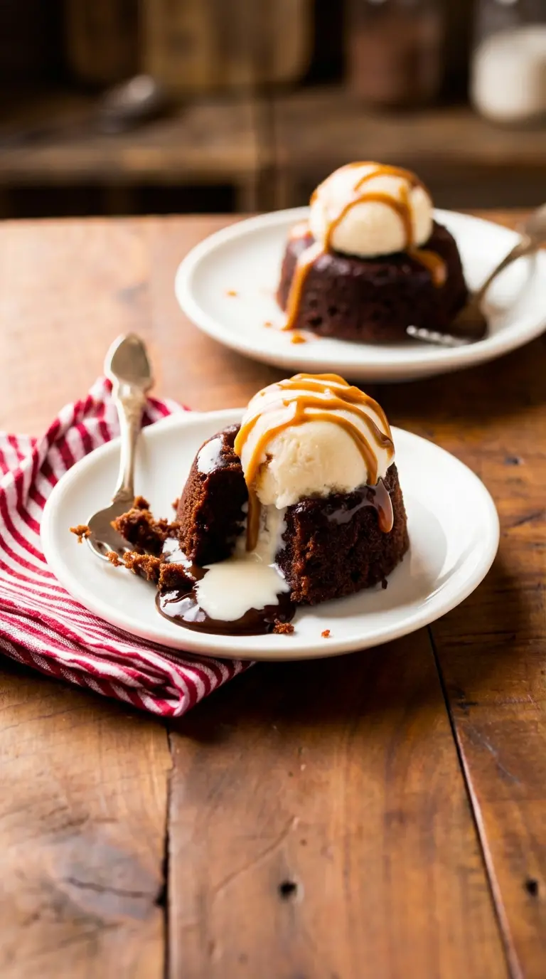 A close-up, slightly elevated shot of a Peanut Butter Chocolate Lava Cake on a minimalist white plate. The cake is broken open by a spoon, showcasing its perfectly molten peanut butter and chocolate center. A scoop of melting vanilla ice cream and generous drizzles of chocolate and peanut butter sauce flow over the top. Natural morning light creates warm tones and soft shadows on the marble countertop. (3:4 aspect ratio)