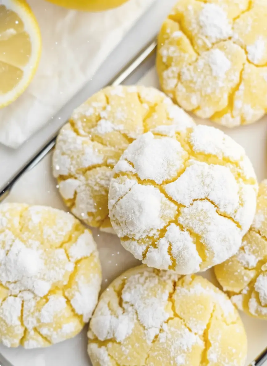 A process shot showing raw yellow dough balls sitting on a baking sheet lined with parchment paper. Some balls are uncoated, while others are generously coated in white powdered sugar. A small bowl of powdered sugar sits to the side on the marble counter. Soft focus background with fresh herbs visible.