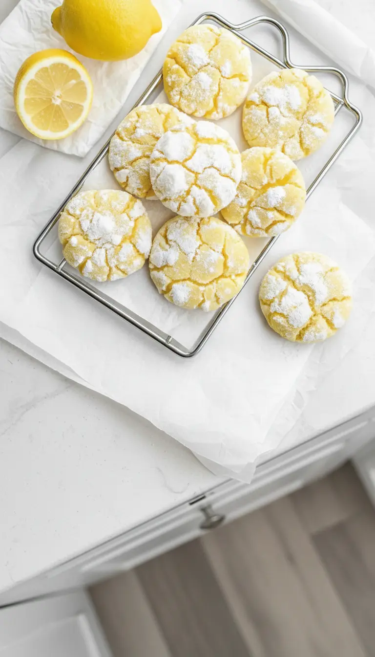 A lifestyle serving shot featuring a stack of three Lemon Crinkle Cookies on a minimalist white ceramic plate. A cup of hot tea in a ceramic mug sits next to the plate on a wooden accent board. The background is a blurred kitchen scene with natural light, evoking a cozy morning vibe.