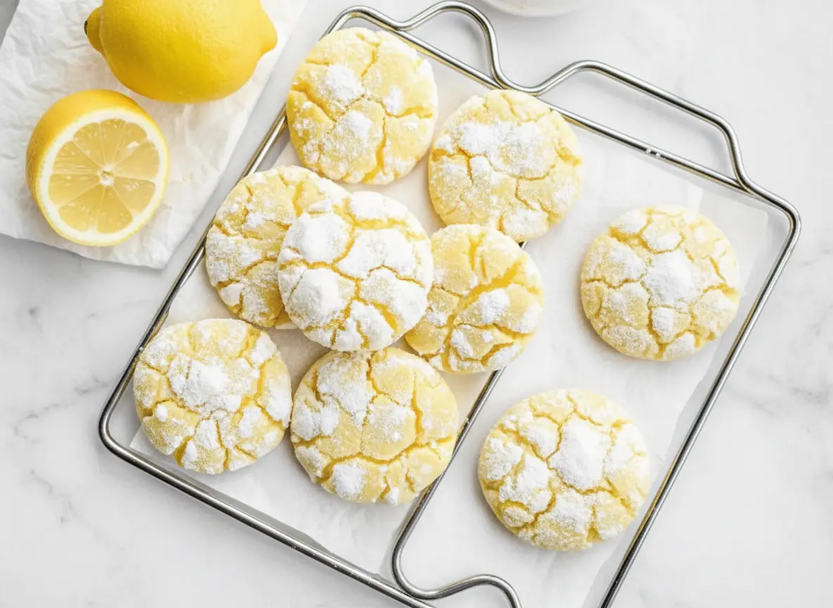 A top-down hero shot of freshly baked Lemon Crinkle Cookies arranged casually on a metal wire cooling rack over white parchment paper. The cookies have a bright yellow interior visible through wide cracks in the thick white powdered sugar coating. Fresh lemon wedges are placed in the upper right corner. The surface underneath is a marble countertop with soft morning light coming from the east, casting gentle shadows. No hands visible.