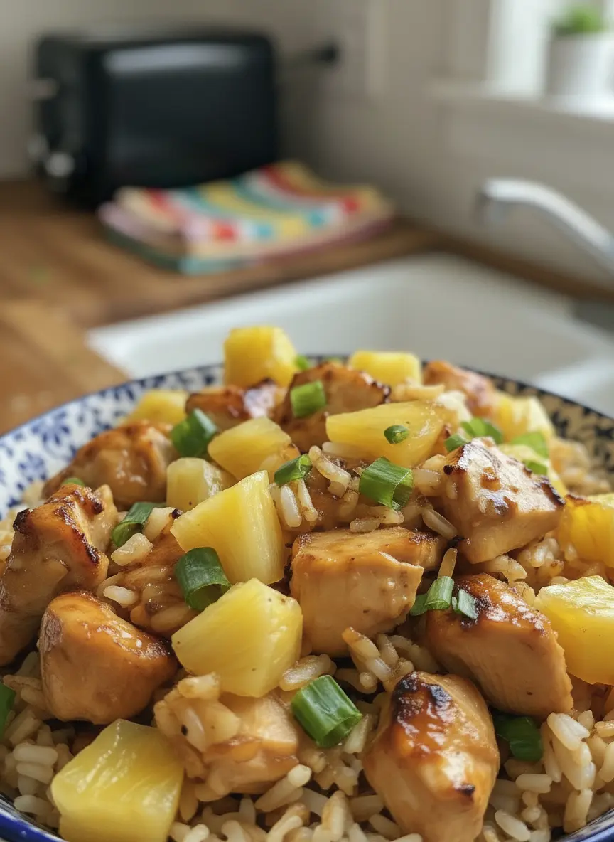 A beautifully arranged wooden cutting board with prepped ingredients: raw chicken cubes, fresh pineapple chunks, chopped green onions, minced garlic, grated ginger, and a small ceramic bowl of mixed sauce ingredients (soy sauce, honey, vinegar, etc.). All set on a marble countertop with soft natural morning light from an east window, casting gentle shadows, with fresh herbs in the background. No hands or people. (3:4 ratio)