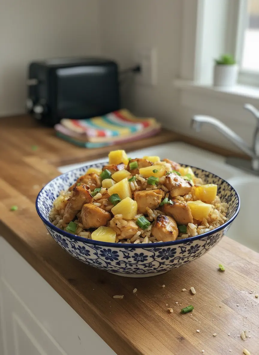 A close-up shot of golden-brown chicken cubes searing in a minimalist stainless steel skillet with a light wooden handle on a stovetop, with a subtle wisp of steam rising. Marble countertop in the foreground and natural morning light illuminating the scene. No hands or people. (3:4 ratio)