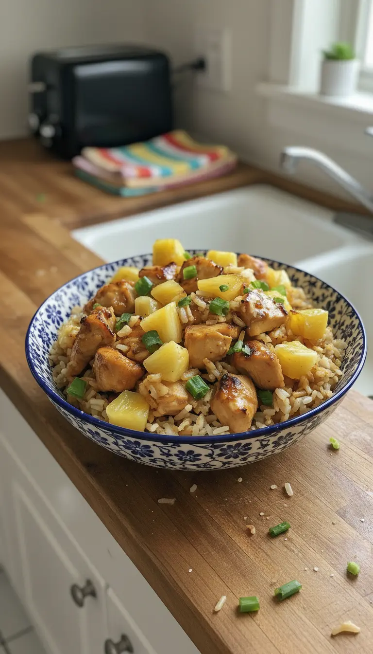 A close-up, slightly overhead shot of a spoonful of Pineapple Chicken and Rice being lifted from a light blue/grey ceramic bowl, showcasing the glistening sauce on the golden-brown chicken, the juicy texture of bright yellow pineapple, and individual grains of light brown rice, all dotted with green onions. Soft natural morning light, gentle shadows, and blurred fresh herbs in the background. No hands or people. (3:4 ratio)