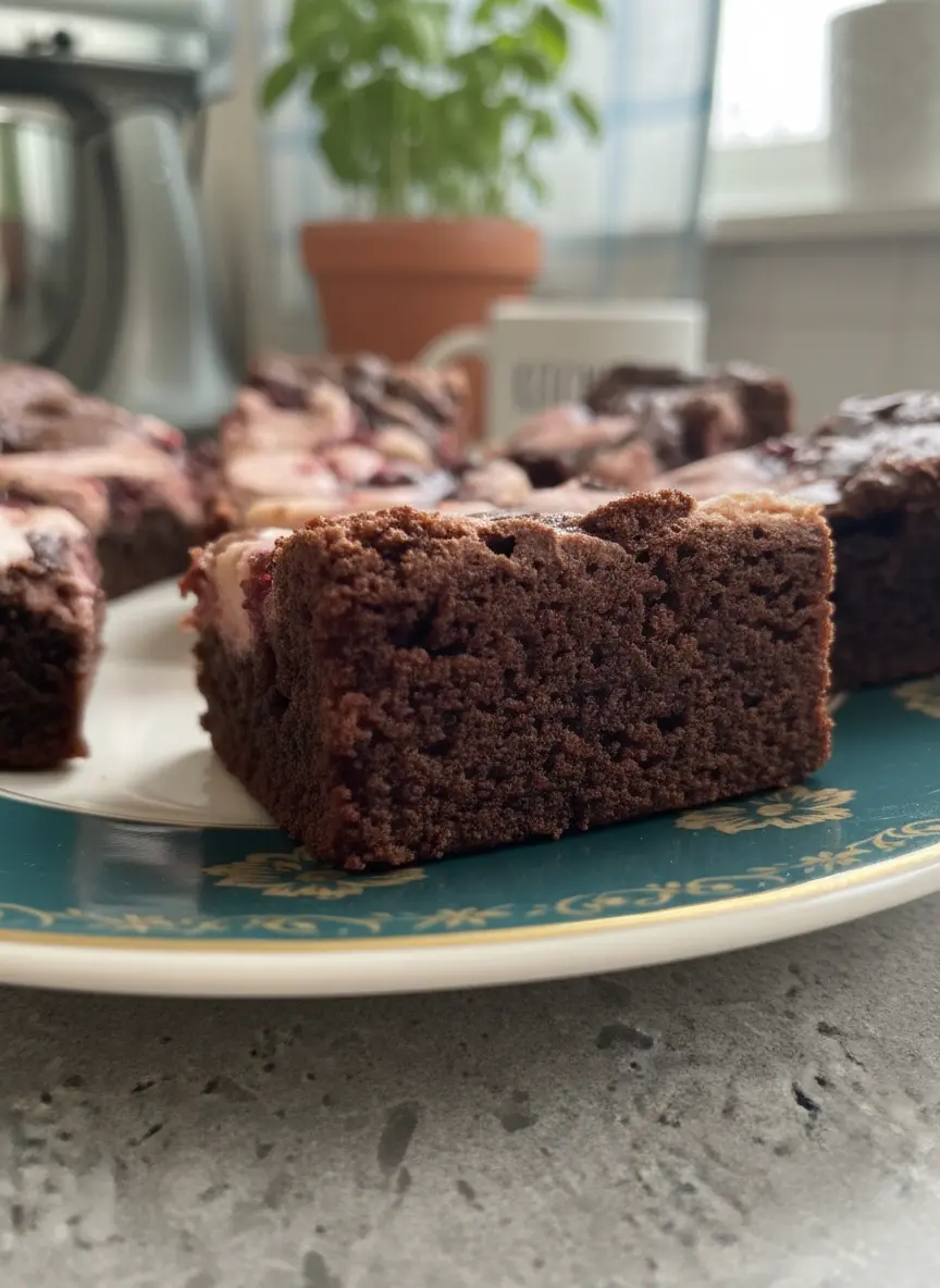 Bowls of ingredients for Raspberry Cheesecake Brownies: a bowl of unsweetened cocoa powder, a bowl of all-purpose flour, sticks of butter, eggs, a block of cream cheese, fresh raspberries, and a jar of raspberry jam, arranged neatly on a wooden cutting board on a marble countertop, illuminated by natural morning light. Soft shadows and warm tones. No hands or people.