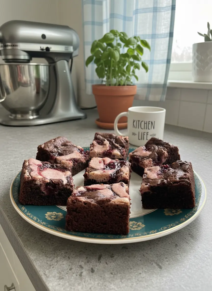 Process shot of a baking pan filled with the dark chocolate brownie batter, with dollops of the pink cream cheese mixture and vibrant red raspberry jam mixture swirled gently into it using a skewer, creating beautiful marbled patterns. Shot on a marble countertop with wood accents, under natural morning light. No hands or people.