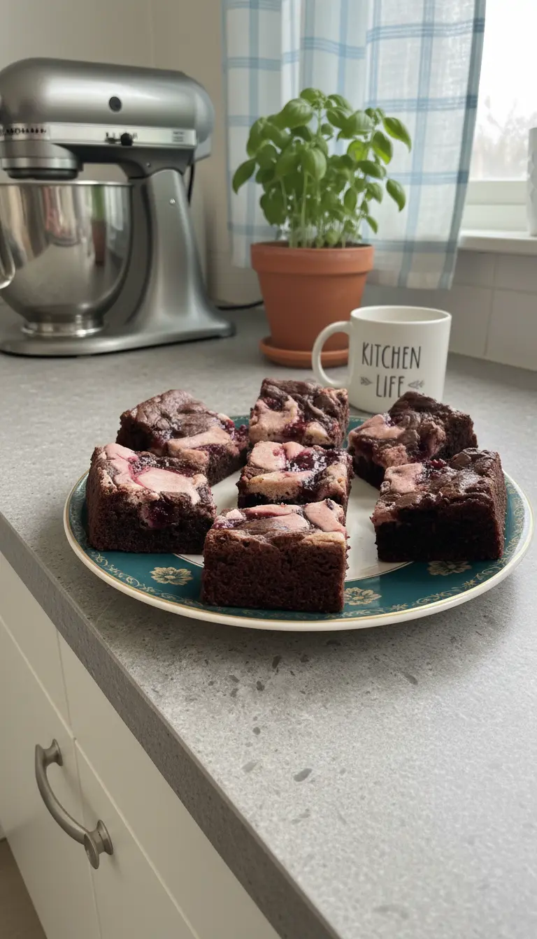 Close-up shot of a few perfectly cut squares of Raspberry Cheesecake Brownies, revealing their fudgy texture, distinct layers, and the beautiful pink and red swirls within. Presented on a small minimalist white ceramic plate, with a hint of a wooden cutting board in the background, on a marble counter in soft natural light. No hands or people.