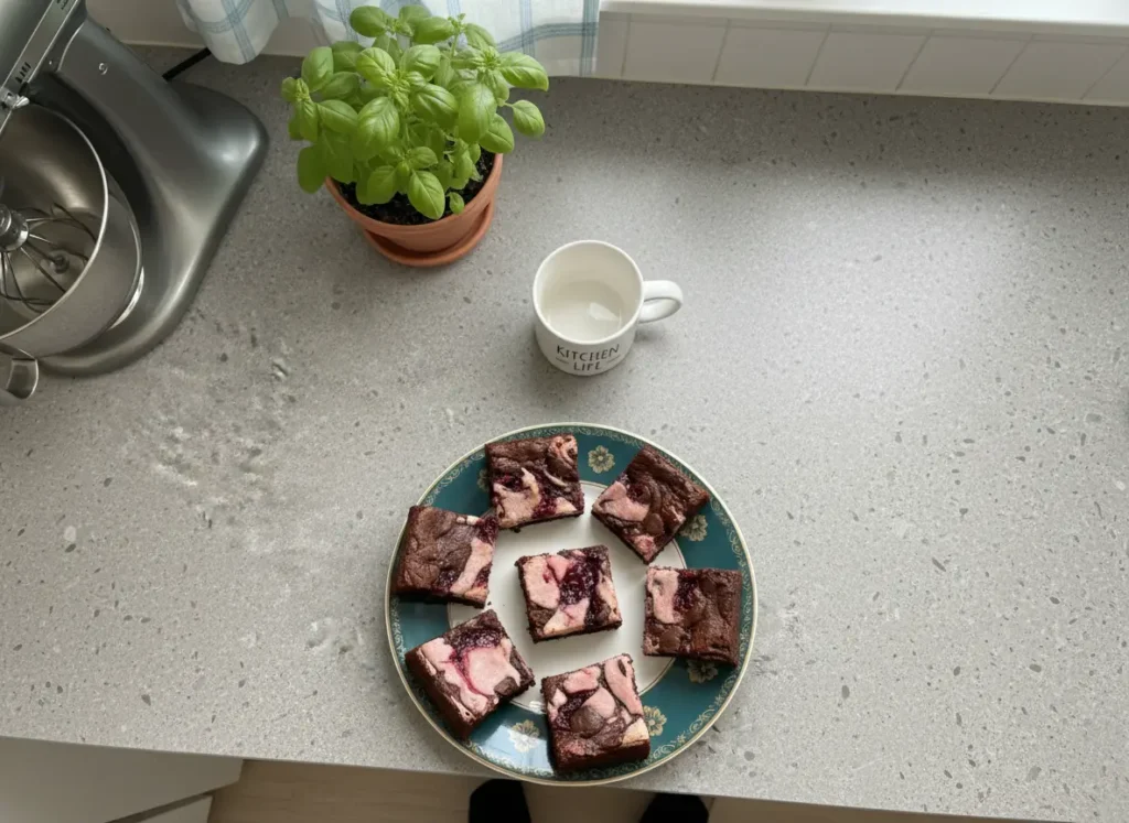 Hero shot of several square Raspberry Cheesecake Brownies scattered on white crumpled parchment paper, showcasing the rich, dark chocolate brownie base with distinct pink cream cheese swirls and vibrant red raspberry jam swirls. Shot from a slightly elevated angle on a marble countertop, bathed in natural morning light from an east window, with soft shadows, warm tones, and a clean, tidy presentation. No hands or people.