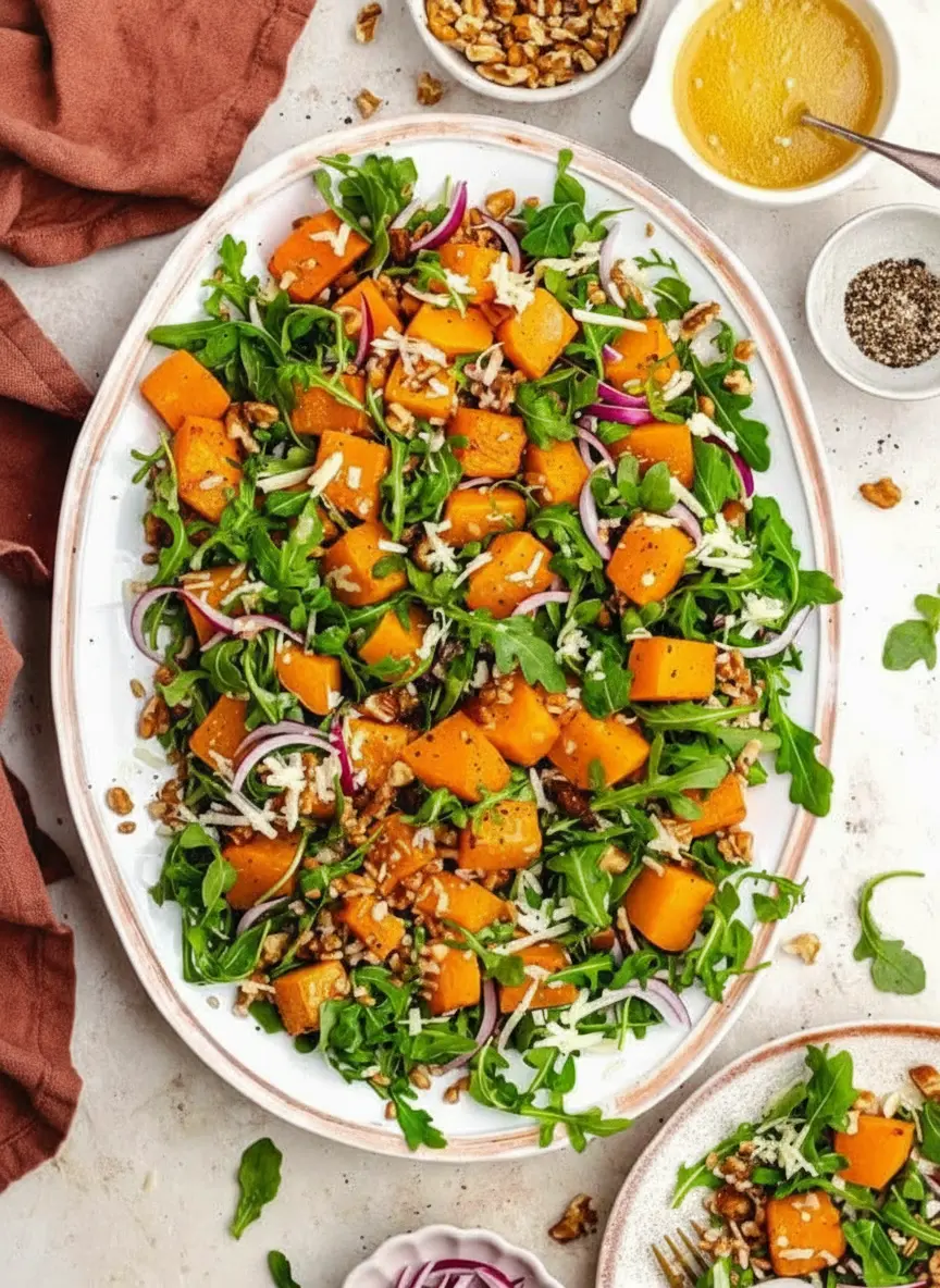 A visually appealing arrangement of raw ingredients for Roasted Butternut Squash Salad on a wooden cutting board: unpeeled and peeled butternut squash, a pile of fresh arugula, a whole red onion, a ceramic bowl of whole walnuts, and a block of Parmesan cheese. Minimalist white ceramic bowls hold pre-measured olive oil, salt, and pepper. The scene is bathed in natural morning light on a marble countertop, with fresh herbs visible softly blurred in the background, creating warm tones and a clean presentation. No hands or people. (3:4 ratio)