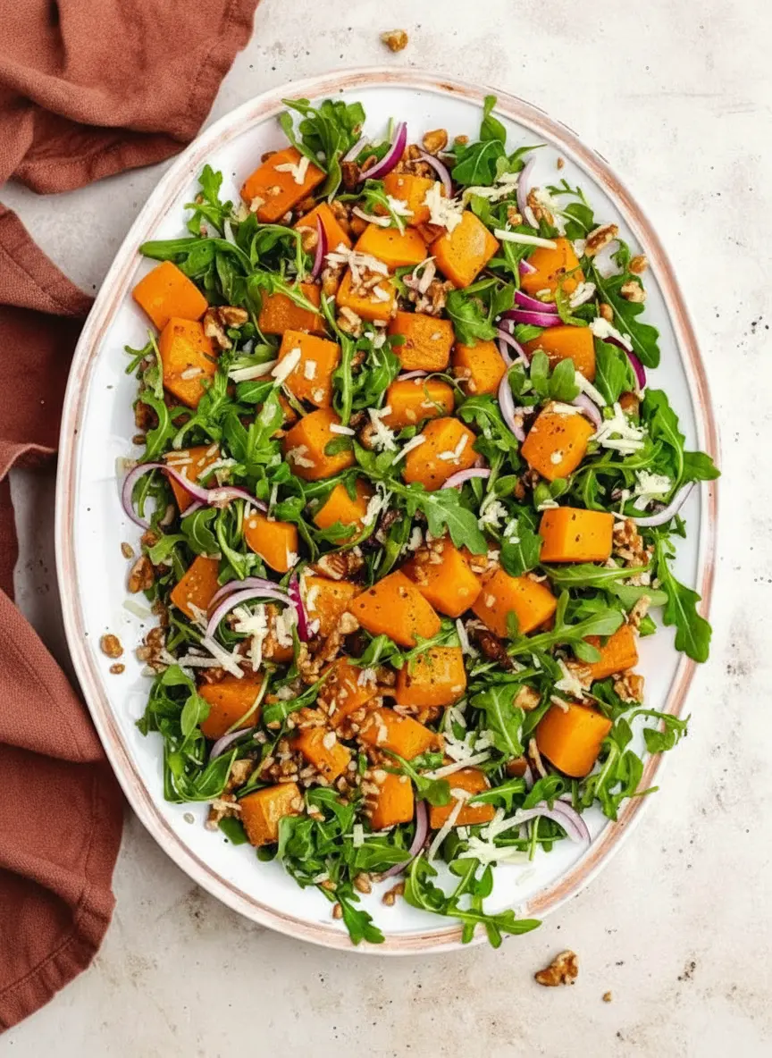 A close-up of perfectly cubed, golden-brown roasted butternut squash cooling slightly in a minimalist white ceramic bowl, showcasing its caramelized edges and tender texture. In the background, a small ceramic bowl holds chopped walnuts. The scene is set on a marble countertop with soft natural morning light and subtle wood accents, creating a clean and warm atmosphere. No hands or people. (3:4 ratio)