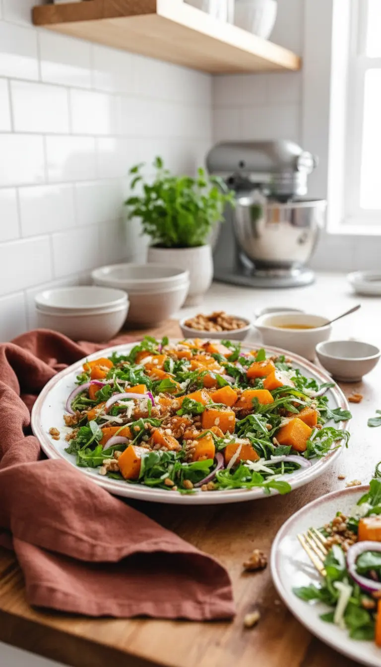 A close-up, slightly elevated shot of a single serving of Roasted Butternut Squash Salad on a minimalist white round plate. The plate holds a vibrant mix of roasted butternut squash cubes, crisp green arugula, delicate red onion slices, crunchy chopped walnuts, and a fine dusting of grated white cheese, glistening with a light vinaigrette. The focus is on the inviting textures and colors. The plate is on a marble countertop, illuminated by soft natural morning light, with warm tones and soft shadows. No hands or people. (3:4 ratio)